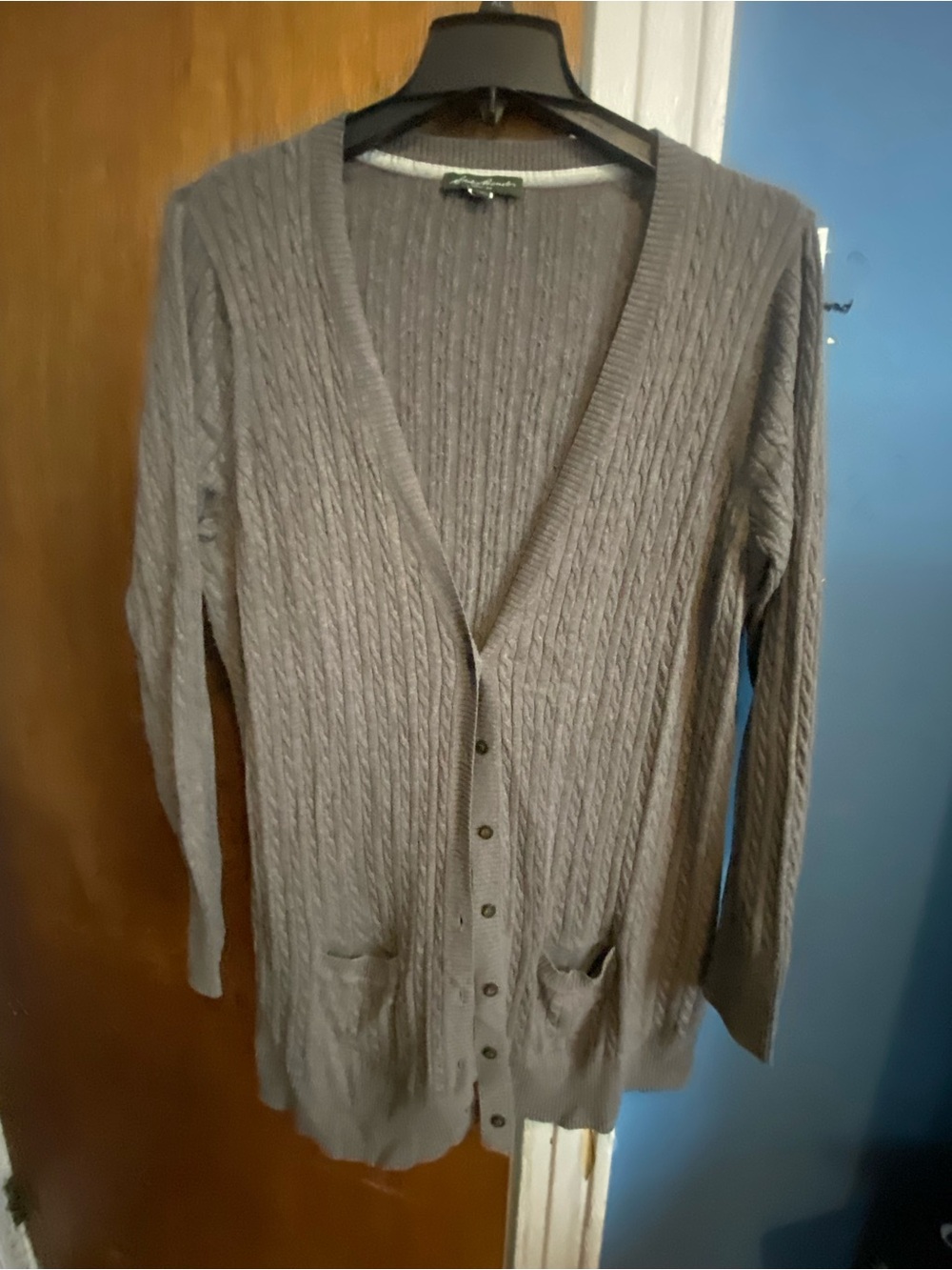Eddie Bauer Taupe Cable Knit V-Neck Button-Front Cardigan